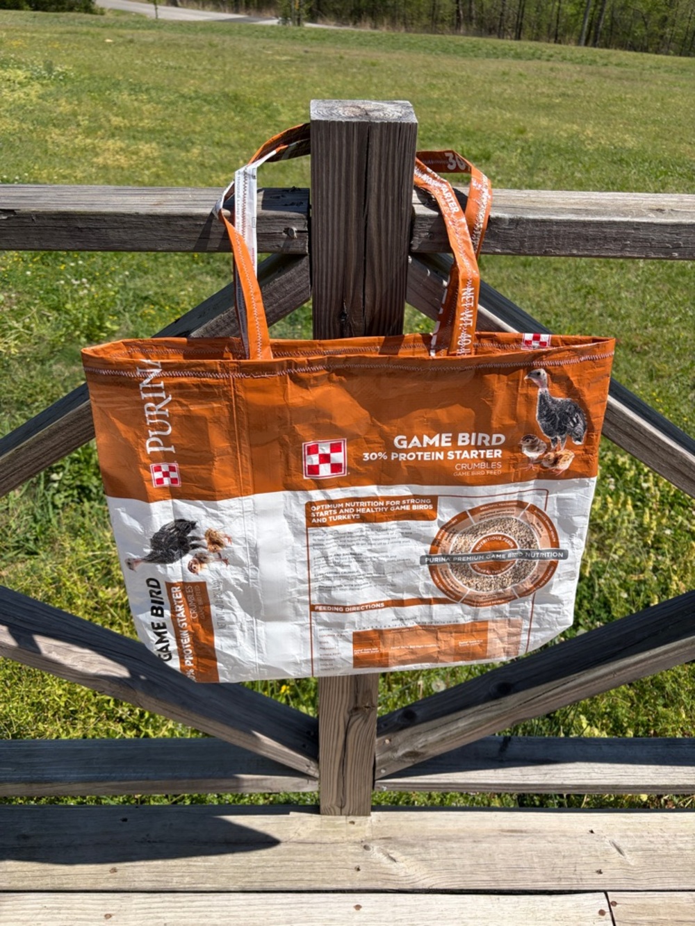 Hand Crafted Purina Orange and White Recycled Feed Bag Tote - Picture 3 of 4